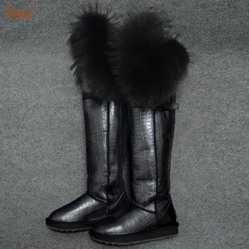 нова мода бедрата натурална коровья кожа лисича кожа над коляното дългите зимни зимни обувки за жени зимни обувки водоустойчив