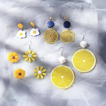Красиви обеци с подсолнухом 2020 Модни жълти цветя Лимон обеци-капки за жени в корейски стил Летни Сватбени декорации за годеж