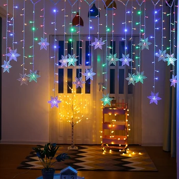 96 LED гирлянди с снежинками Коледни Гирлянди за пердета за прозорци Фея Украса Лампи Коледна Гирлянда Осветление за Дома за Сватба