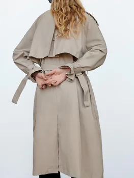 ZA есен нова дамско сако с ревери в ретро стил в британския стил двубортная с регулируем колан на талията директен ветровка средна дължина