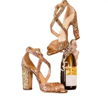Блестящи сандали на висок ток с катарама на масивен ток с отворени пръсти на Кръст Секси елегантни дамски кухи сандали Дамски обувки-лодка Модни обувки