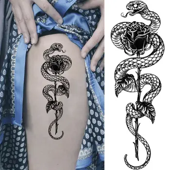 3D Реалистична Розата е Цветето на Змия Временни Татуировки За Жени на Възрастен Момиче Божур Змия Змия Фалшиви Татуировки Мода Половината Ръкав Татуировки