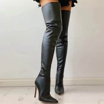 Дамски ботуши над коляното Дамски секси черни дълги ботуши с цип Женски на тънък ток, дамски официални обувки с остри пръсти Дамски есен обувь8