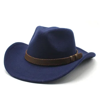 Модни куха Западна Ковбойская Вълнена шапка Фетровая шапка за жени, мъже, ретро-джаз шапки с колан Таурена, Джентльменская широка периферия шапка наездницы
