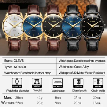 Часовници Мъжките Модни Спортни мъжки кварцови часовници с автоматично дата За мъже Часовници Черни кожени Светещи Водоустойчив часовник OLEVS