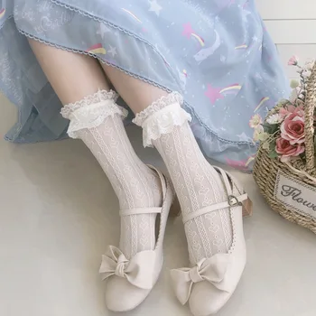 Японската Лолита Кухи дантелени чорапи Дамски бели дълги чорапи Дамски дантелени чорапи Дамски Сладки Корейската версия на Цветни Чорапи Черен