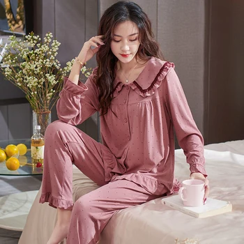 Модальная памучни пижами Плюс Размер 3XL Дамски сладка пижама на точки за жени Пролетно пижами Пижамный комплект Жилетка Пижами за почивка