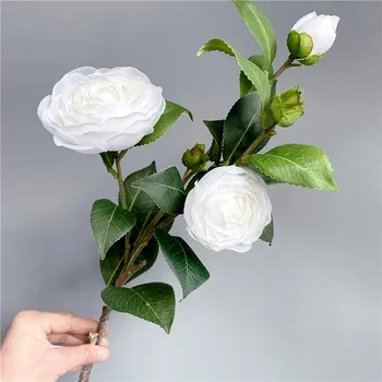 Висококачествена клонка бяла чаена роза с фалшиви зелени листа Сватбена украса изкуствени цветя за декорация на хола флорес