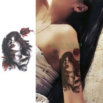 Водоустойчив Временна Татуировка Стикер Роза Череп, главата е Фалшива Татуировка Флаш Татуировка на Задния Крак и Ръка на гърдите крак Голям размер за жени, Мъже, момичета