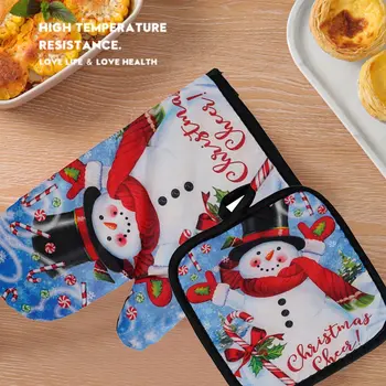 Ръкавици Коледни Горещи кухненски ръкавици За печене на Анти-Топли Ръкавици Мат Трапезария с Кухненски Мат Нова Година 2021 Коледна Украса за партита Доставка