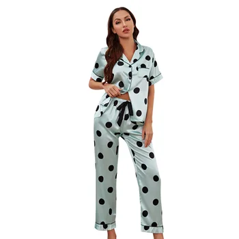 Комплект от две части на Дамски Пижами летни тънка домашна дрехи Модерни панталони на точки с принтом и къси ръкави и панталони Дамски Пижами