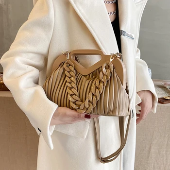 Топ Брандираната чанта с дебела дръжка на веригата Дизайнерски плиссированная чанта на рамото за жени Клатч Портмоне Чанта през рамо Дългата каишка