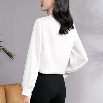 Дамска риза от естествена коприна, Елегантна выдалбливают Бродерия V-образно деколте с дълъг ръкав Дамски ризи Блузи Офис женски обикновена блузи и Топове