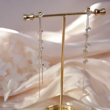 Луксозни обеци LONGYU с 14-каратово позлатените цирконии от истинско злато с дълъг пискюл, геометрична микро-инкрустация, изискан цирконием, дамски сватба