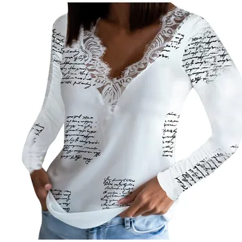 Дантелени печатни букви Дамски блузи Зимна мода V-образно деколте и Ежедневни дамски дрехи с дълъг ръкав, блузи за момичета в западен стил