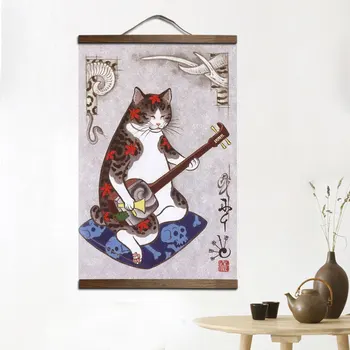 Стил японски самурайски котка на платното за декорация на дома дневна спалня стенни художествена картина аниме плакат с изображение на дърво, свитък, живопис декор