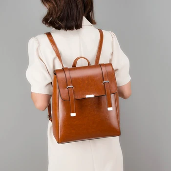 Ретро женски кожена раница, Дамска чанта на рамото Mochilas Висококачествена изкуствена кожа Черен на малки училищни чанти за момичета