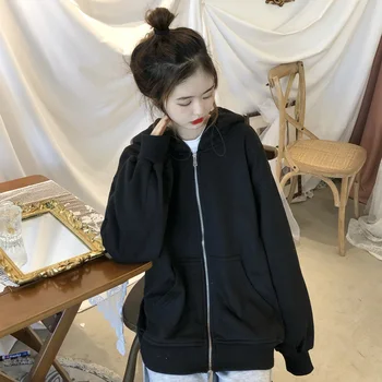 Дамски блузи с цип в корейски стил Hoody с винтажным принтом букви с дълги ръкави, Свободни Топове 2021 Нови Ежедневни студентски универсални палто
