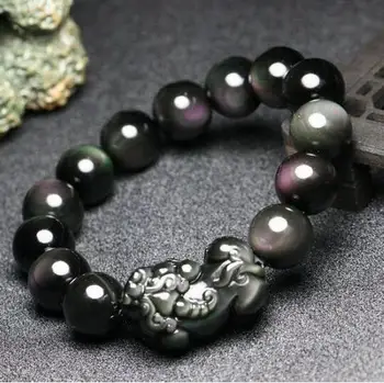 14mm Супер lueur obsidienne mala perle bracelet lumineux pierre gemme bracelet esprit Pi Xiu amulette