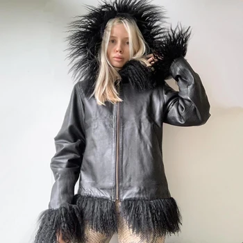 Готически палто с кожа тапицерия Пънк Черен Елегантен модерен яке от изкуствена кожа с Висока градинска мода джоб с дълъг ръкав Есенни якета За жени