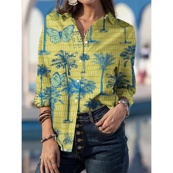 Дамски дрехи 2021 Есен Нова Елегантна Офис дама копчета, Универсални Ежедневни шифоновые блузи с принтом от пера, Ризи с дълъг ръкав
