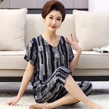 XL-4XL Плюс Размер на мама памучни пижами Комплект с къс ръкав Модни Нови лятна пижама с V-образно деколте Дрехи за почивка Пижами женски костюм