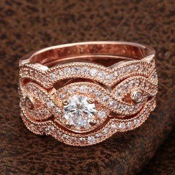 Антиаллергенный 3 кръг CZ Gem обещание годежен пръстен комплект rose gold цвят на мода crystal сватбени бижута за жени
