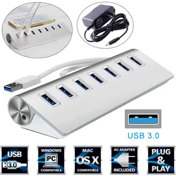 7-Портов Алуминиев хъб USB 3.0 с висока Скорост 5 Gbit / s +Адаптер За PC, Mac Лаптоп САЩ, ЕС, Великобритания щекер