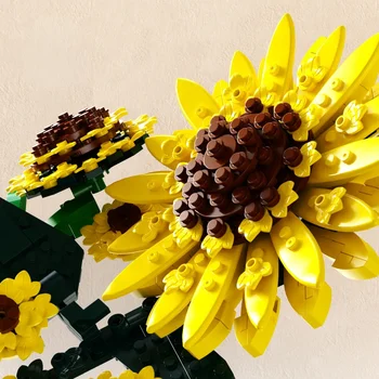 Букет Цветя Строителни Блокове Комплекти Слънчоглед, Изкуствени Цветя, Строителен Проект, за Облекчаване на Стрес и Концентрация на Ума за Подарък