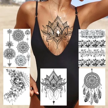 Секси Дантелени окачване с Lotus Татуировки за жени Временна Татуировка от къна Blach Стикер за пренос на вода Фалшиви Бижута Гривна Татуировка Паста