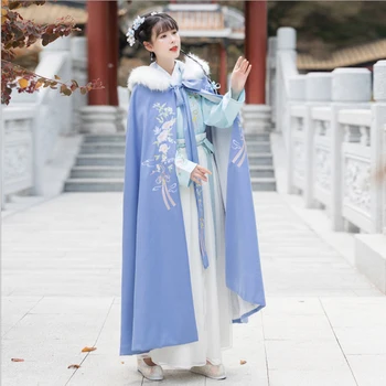 Зимата на топло дебела пелерина Ханфу За жени Китайската традиционна бродерия Кадифе наметало Дъждобран Женски Cosplay Костюм Ханфу Blue За жени