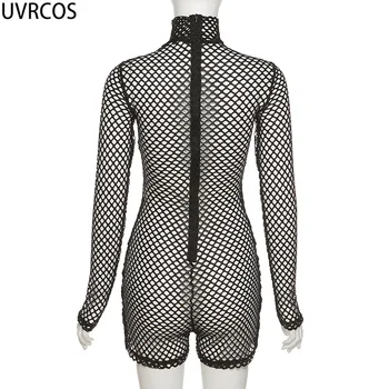 UVRCOS Блуза за тялото Femme Лято 2021 Деликатен топ в черна мрежа в клетката на Анцуг с дупки Клубна дрехи за нощен клуб Облекло на 90-те години в ретро стил