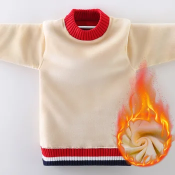Пуловер за момчета Модерен срастване в ивицата Дизайн Детски топъл пуловер Вътрешен руно за деца от 5 до 12 години на Горно облекло палто