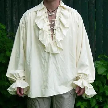 Средновековен Възраждането чрез шнурове Риза Вратовръзка Блузи за мъже Adut Larp Ретро Костюм Пухкави Дълъг Ръкав За Мъже Плюс Размер S-5XL