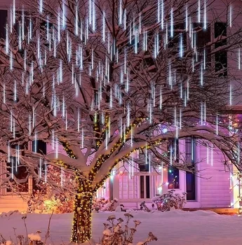 10 Тръби Метеоритен Дъжд Вали Led Гирлянди Улични Гирлянди, Коледни Коледни Декорации за Външно нова година Приказна Градина