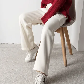 Есен-Зима Сгъстено широки панталони Дамски корейската мода Harajuku Диви Панталони с висока талия Ежедневни прави Панталони De Mujer Нови