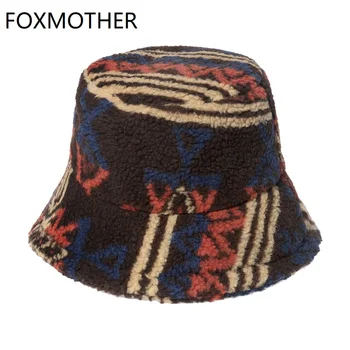 FOXMOTHER Нов Зимен топъл Боб Панама Риболовна капачка Рибар Gorros Вълна агнешко Изкуствена кожа Геометрична космата шапка-кофа За жени и мъже