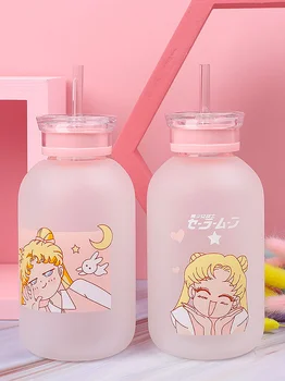 500 МЛ Sailor Moon Стъклени Бутилки Kawai Бутилка за вода с една соломинкой Чаши Сладък Чаша Бутилка за вода Подарък за момичета Екологично Чисто Стъкло