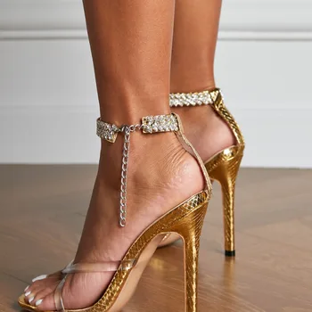 Луксозни Дизайнерски модни тънки високи токчета Секси дамски сандали, Обувки с кристали Каишка с катарама и Сандали Офис дамски обувки за жени