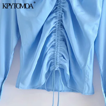 KPYTOMOA Дамска мода С гънки на съвсем малък Приталенные блузи Ретро V-образно деколте с дълъг ръкав Дамски ризи, Шикозни блузи