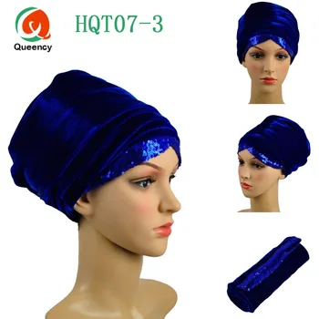 HQT07 Модерен дизайн с Африкански пайети Тюрбан превръзка на главата лъскав мек velvet материал с топли продажбите за мюсюлманската арабската шапки