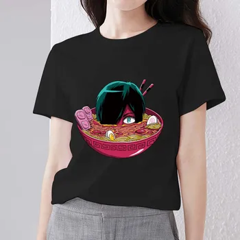 Тениска Дамски японската базова годишна дамски блузи Тънък О-образно деколте Универсална мека мультяшная Аниме серия печат с изображение, Черна тениска