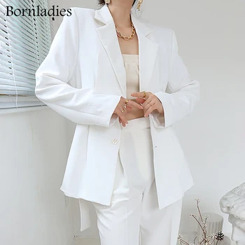Bornladies Бял минималистичен блейзър за жени с зазубренными колани с дълги ръкави Елегантни Дамски блейзери мода нови Дрехи 2022