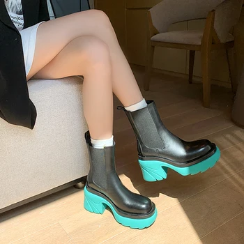 2021 Нови зимни ботуши на Жените с кръгло бомбе на дебелите обувки с токчета за Дамски модерни ботуши от естествена кожа Обувки-лодка на ток 7,5 см Обувки на платформа обувки